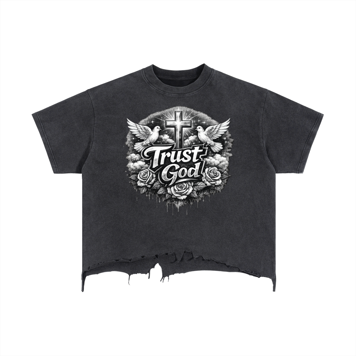 Trust God Vintage Wash Boxy Distressed Hem T-Shirt
