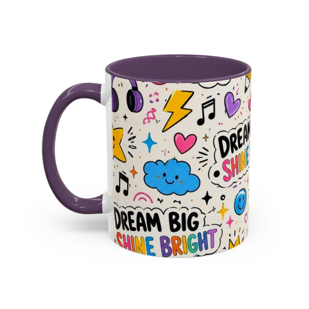 Dream Big Shine Bright Accent Mug — Inspirational Rainbow Doodle Coffee Cup