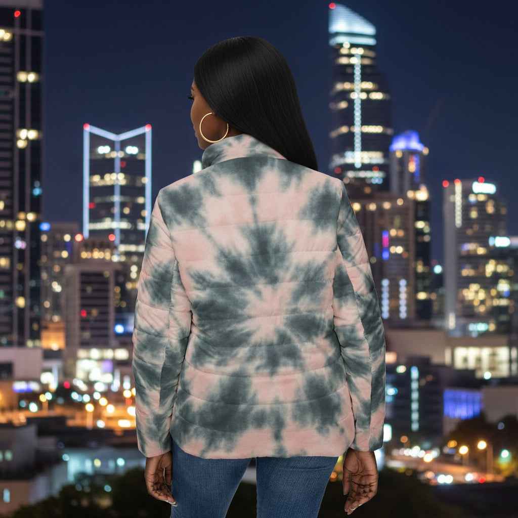 Tie-Dye Spiral Women’s Puffer Jacket — Cozy Pink & Slate Outdoor Coat