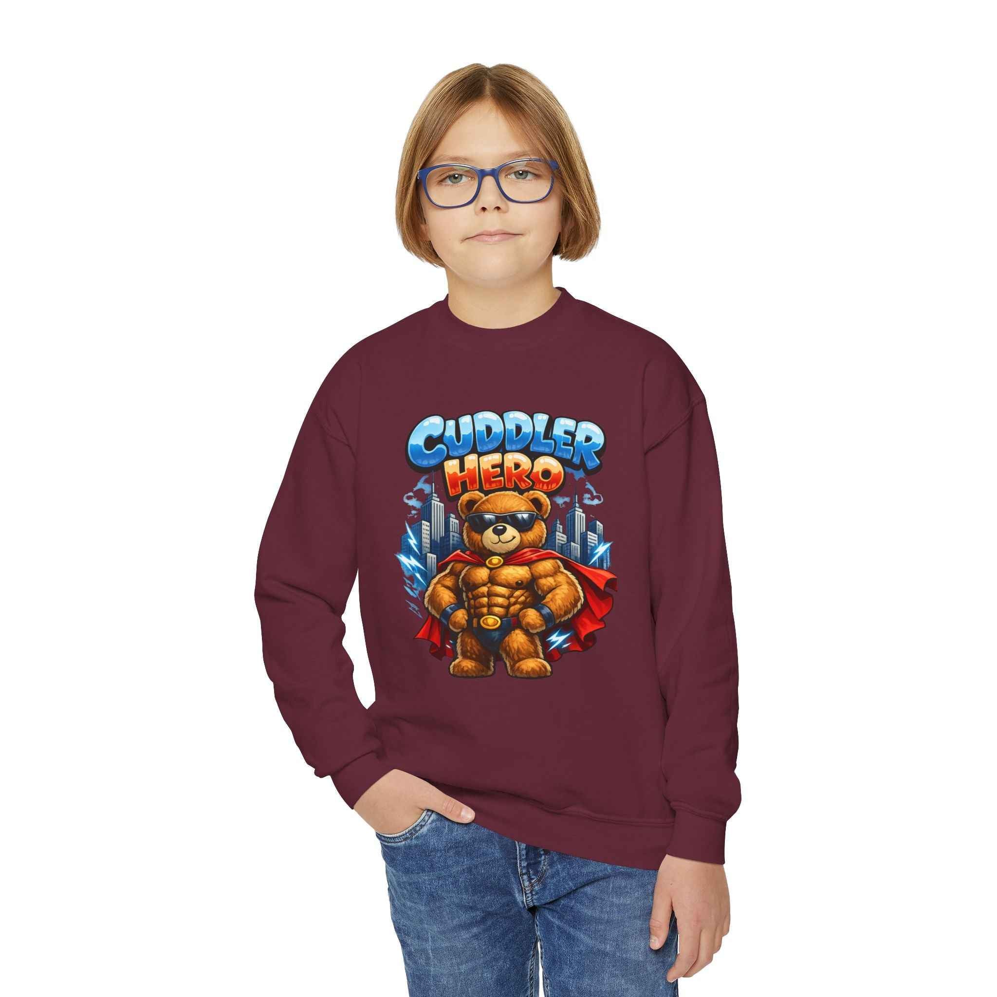 Cuddler Hero Kids Sweatshirt — Cute Superhero Teddy Crewneck