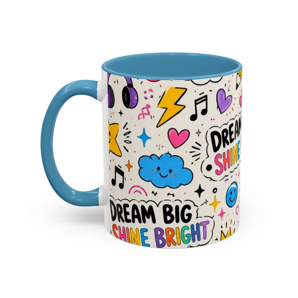 Dream Big Shine Bright Accent Mug — Inspirational Rainbow Doodle Coffee Cup