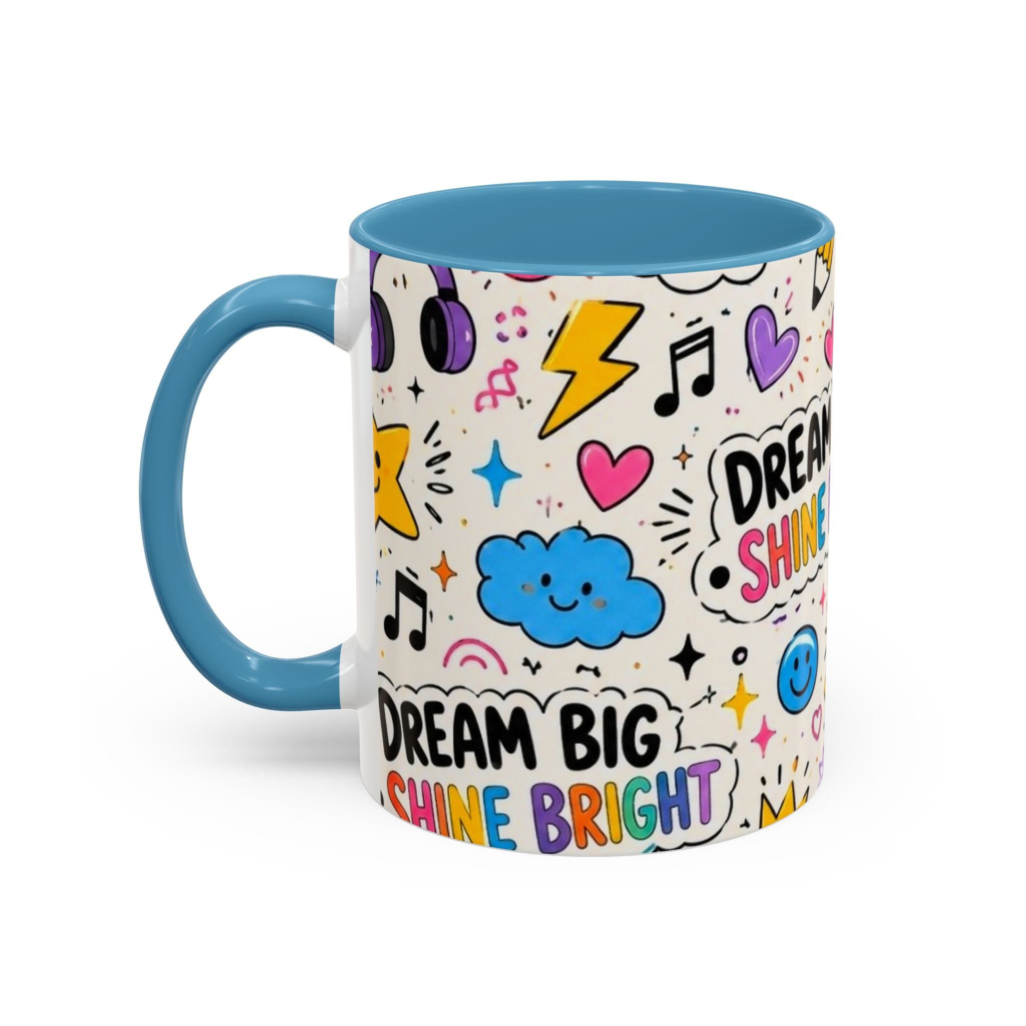 Dream Big Shine Bright Accent Mug — Inspirational Rainbow Doodle Coffee Cup