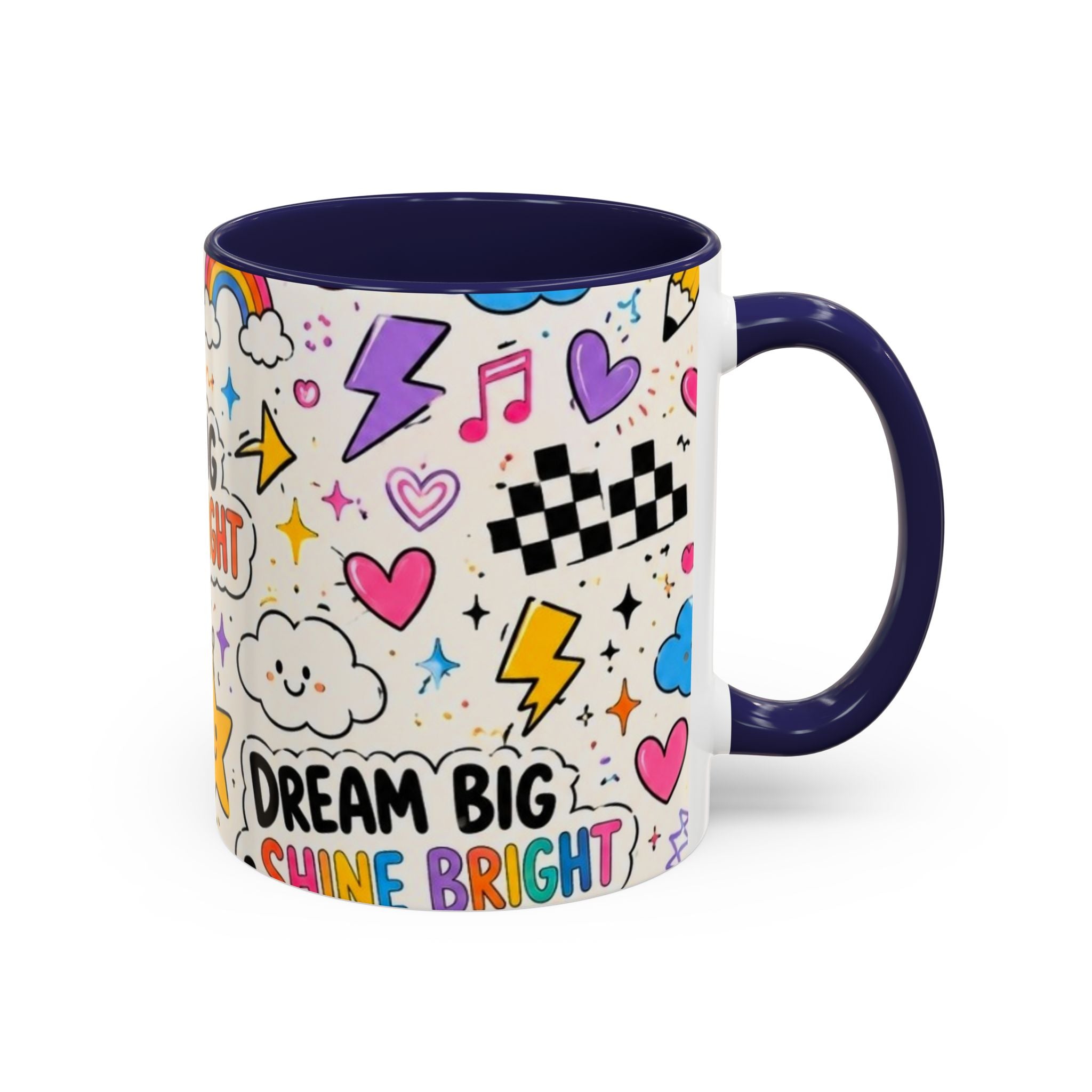 Dream Big Shine Bright Accent Mug — Inspirational Rainbow Doodle Coffee Cup
