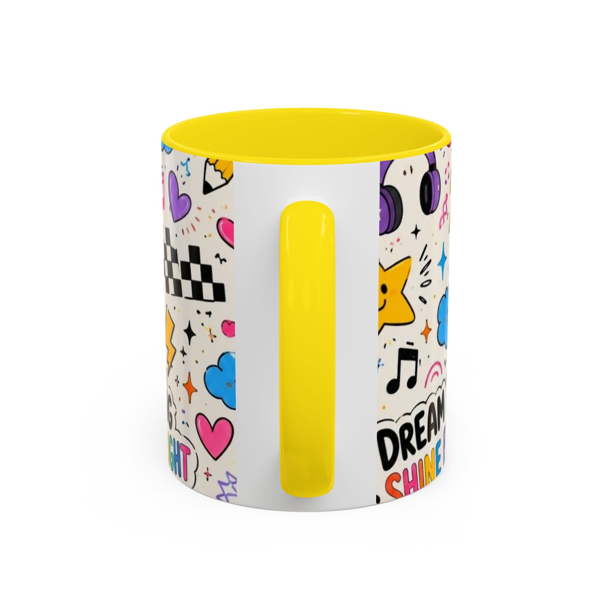 Dream Big Shine Bright Accent Mug — Inspirational Rainbow Doodle Coffee Cup