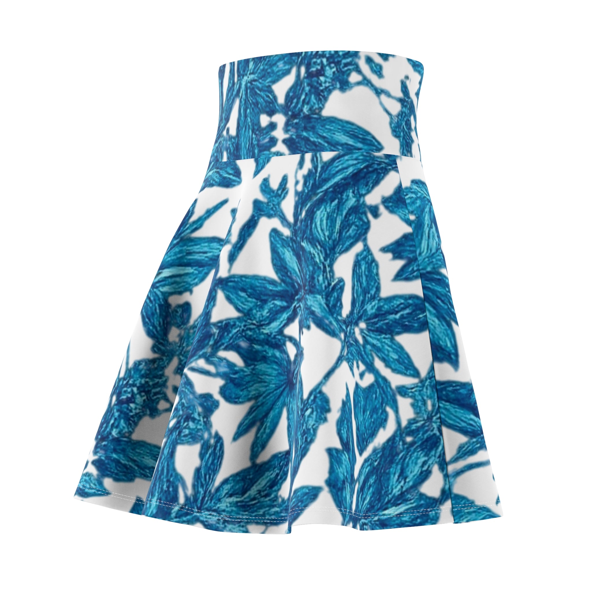 Blue Watercolor Floral Skater Skirt — Feminine Palm Print, Casual Summer Wear