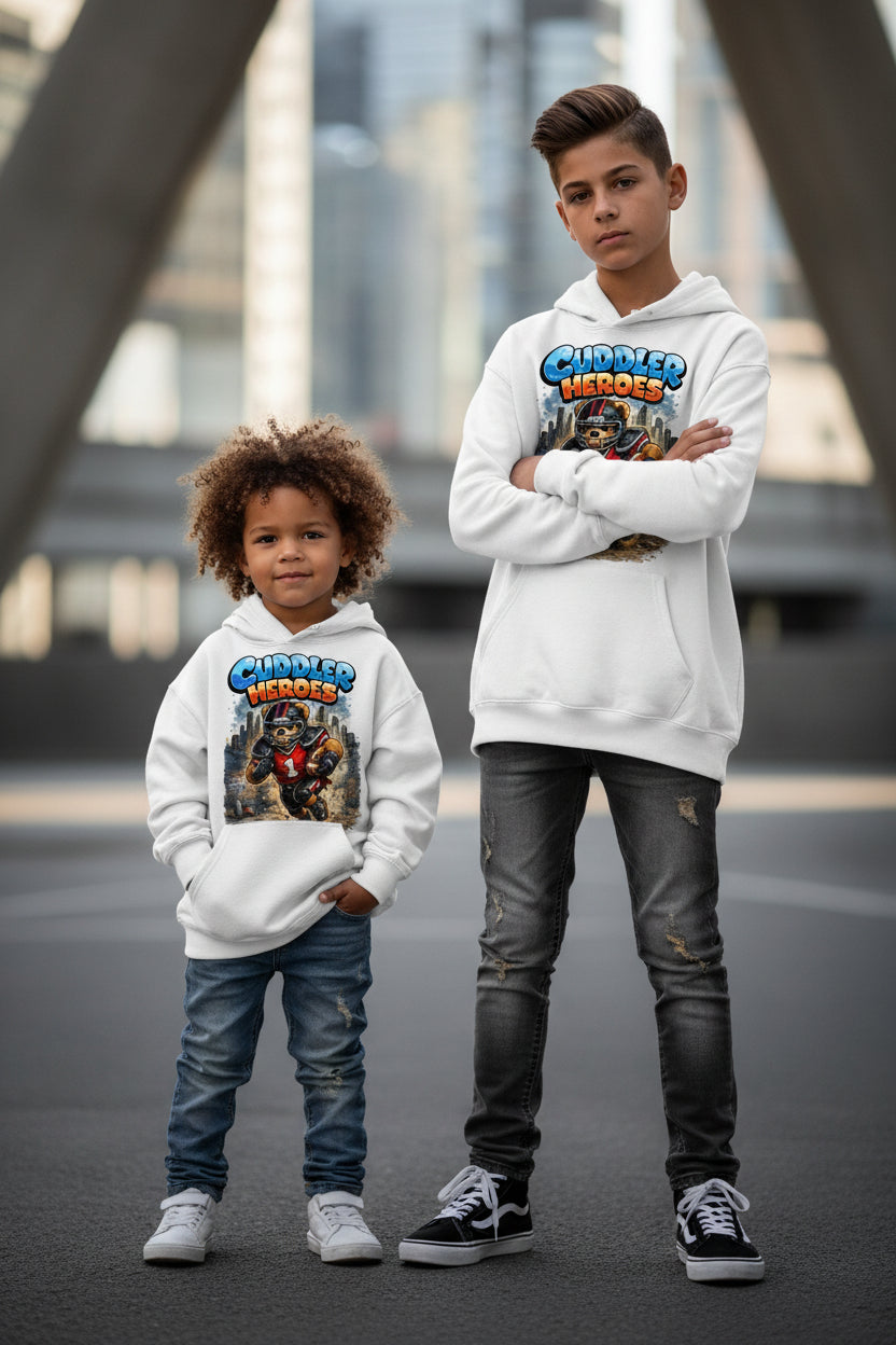 Kids Hoodie — "Cuddler Heroes" Cute Football Bear Graphic Pullover