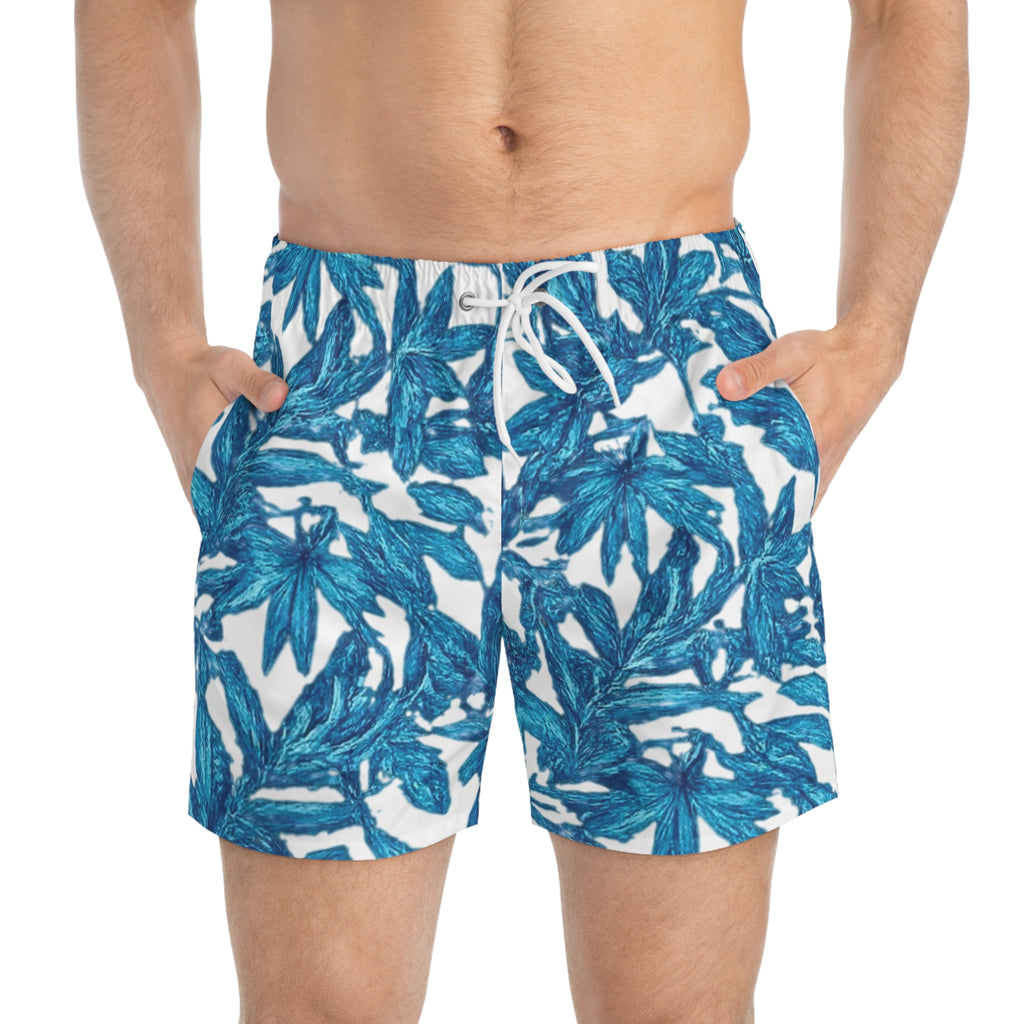 Blue Tropical Leaf Swim Trunks – All-Over Print Men's Beach Shorts for Stylish Summer Fun