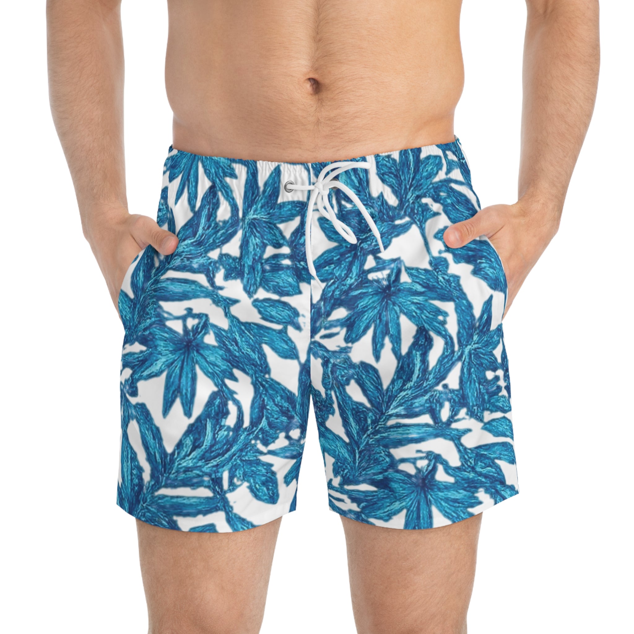 Blue Tropical Leaf Swim Trunks — All-Over Print Men’s Beach Shorts