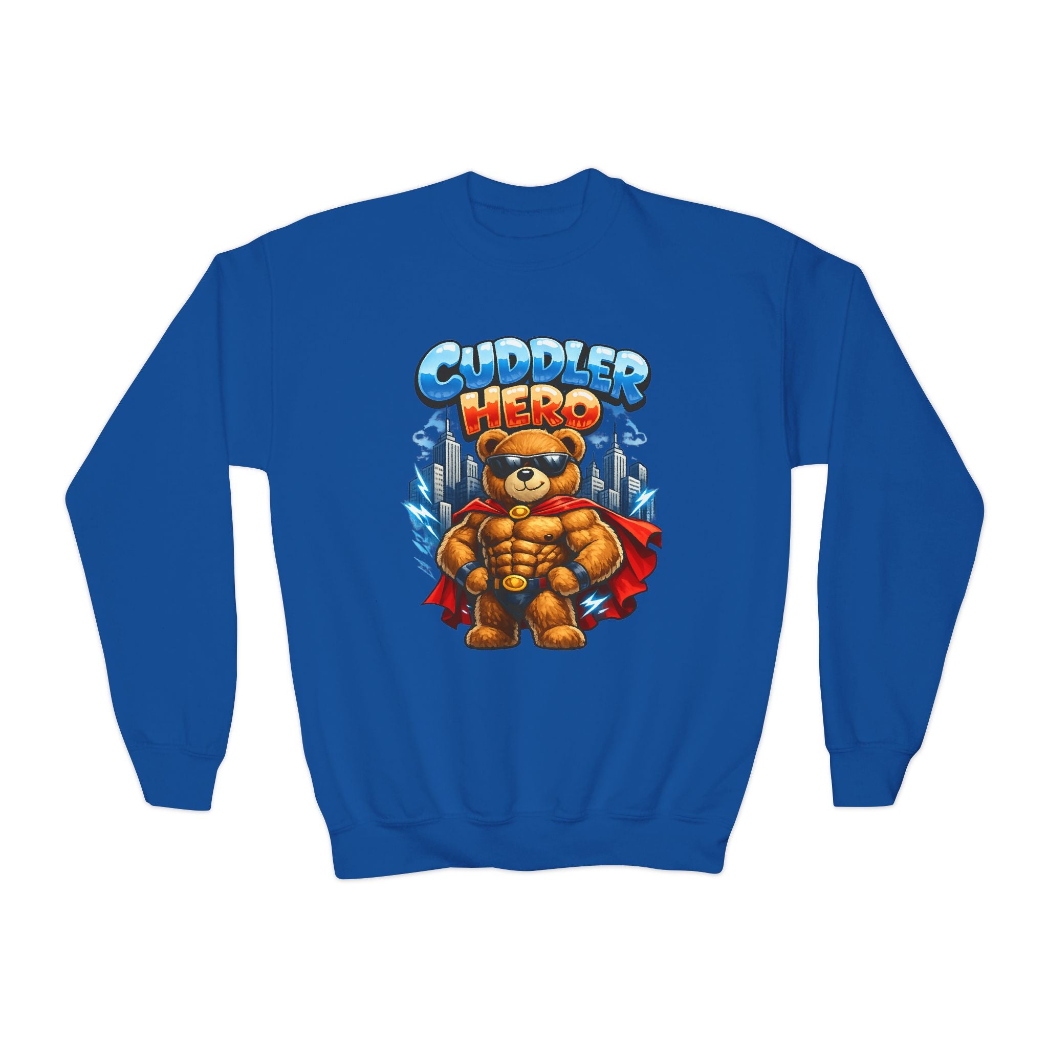 Cuddler Hero Kids Sweatshirt — Cute Superhero Teddy Crewneck