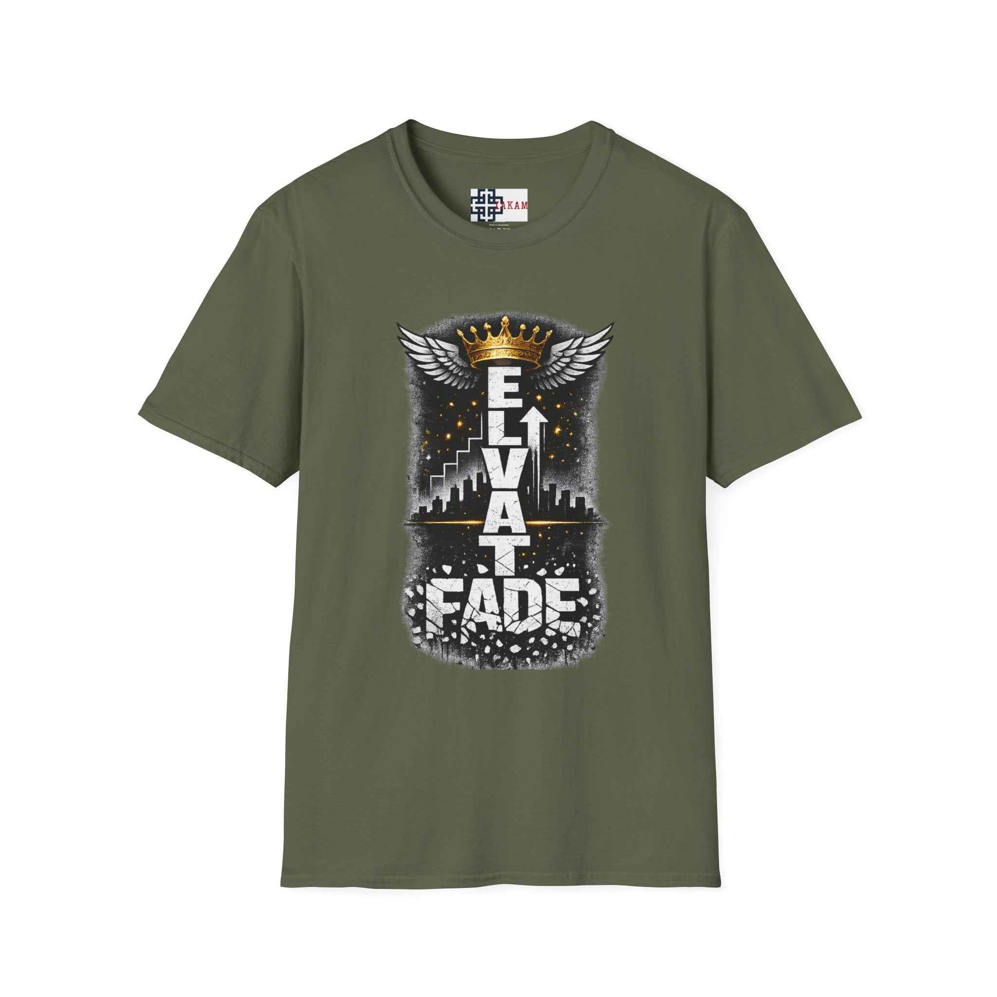 Elevate or Fade T-Shirt — Motivational Streetwear Tee with Crown & Wings