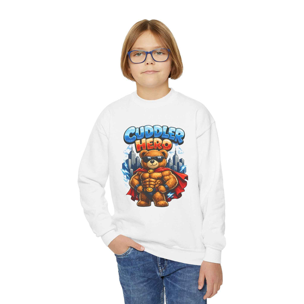 Cuddler Hero Kids Sweatshirt — Cute Superhero Teddy Crewneck