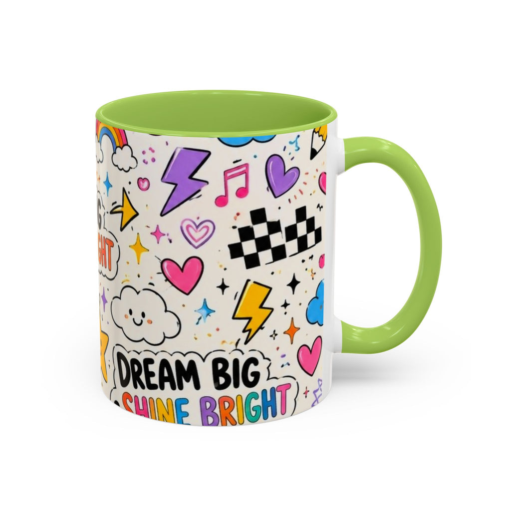 Dream Big Shine Bright Accent Mug — Inspirational Rainbow Doodle Coffee Cup