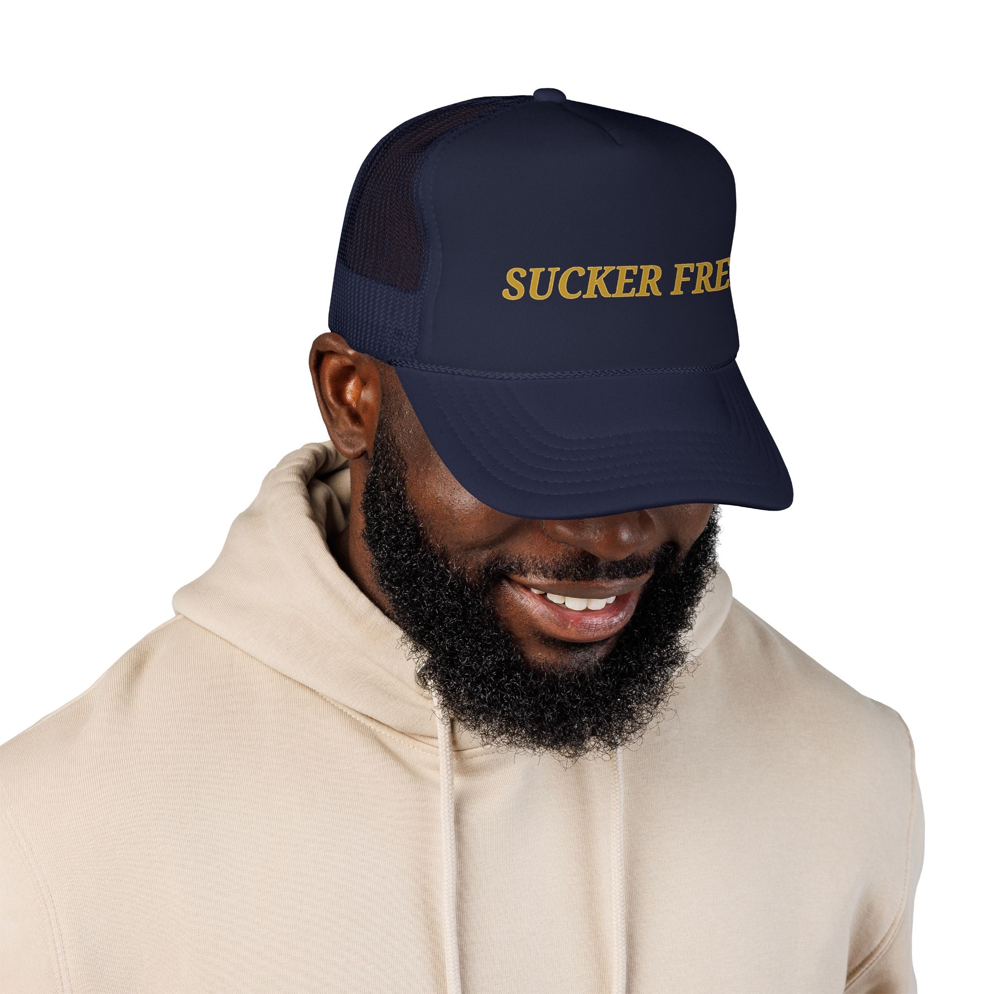 Sucker Free Trucker Hat — Vintage Gold Embroidered Foam Cap