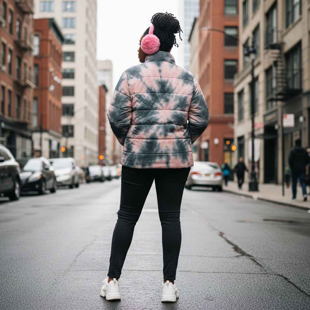 Tie-Dye Spiral Women’s Puffer Jacket — Cozy Pink & Slate Outdoor Coat