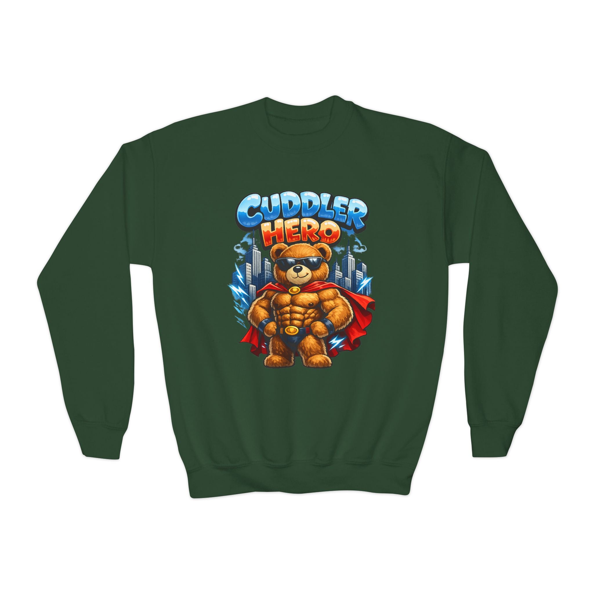 Cuddler Hero Kids Sweatshirt — Cute Superhero Teddy Crewneck