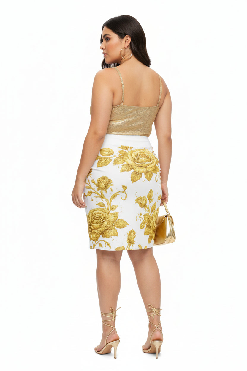 Golden Rose Pencil Skirt in Elegant White and Gold