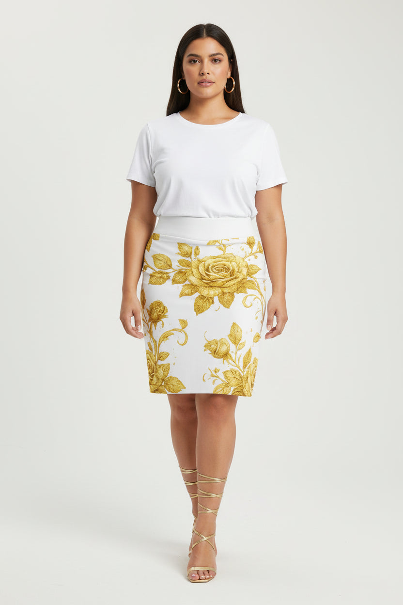 Golden Rose Pencil Skirt in Elegant White and Gold