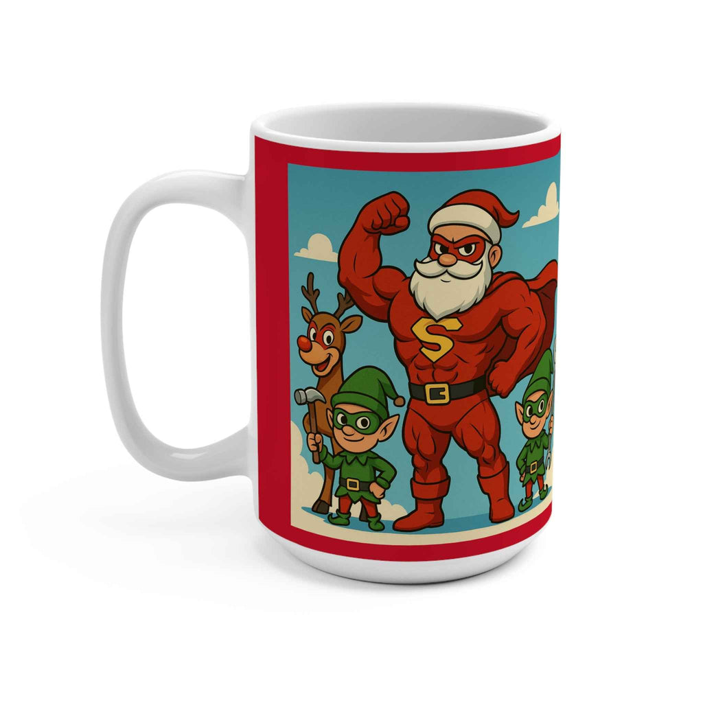 Christmas Santa Mug - Festive Superhero Santa & Elves 15oz Ceramic Coffee Cup for Holiday Cheer