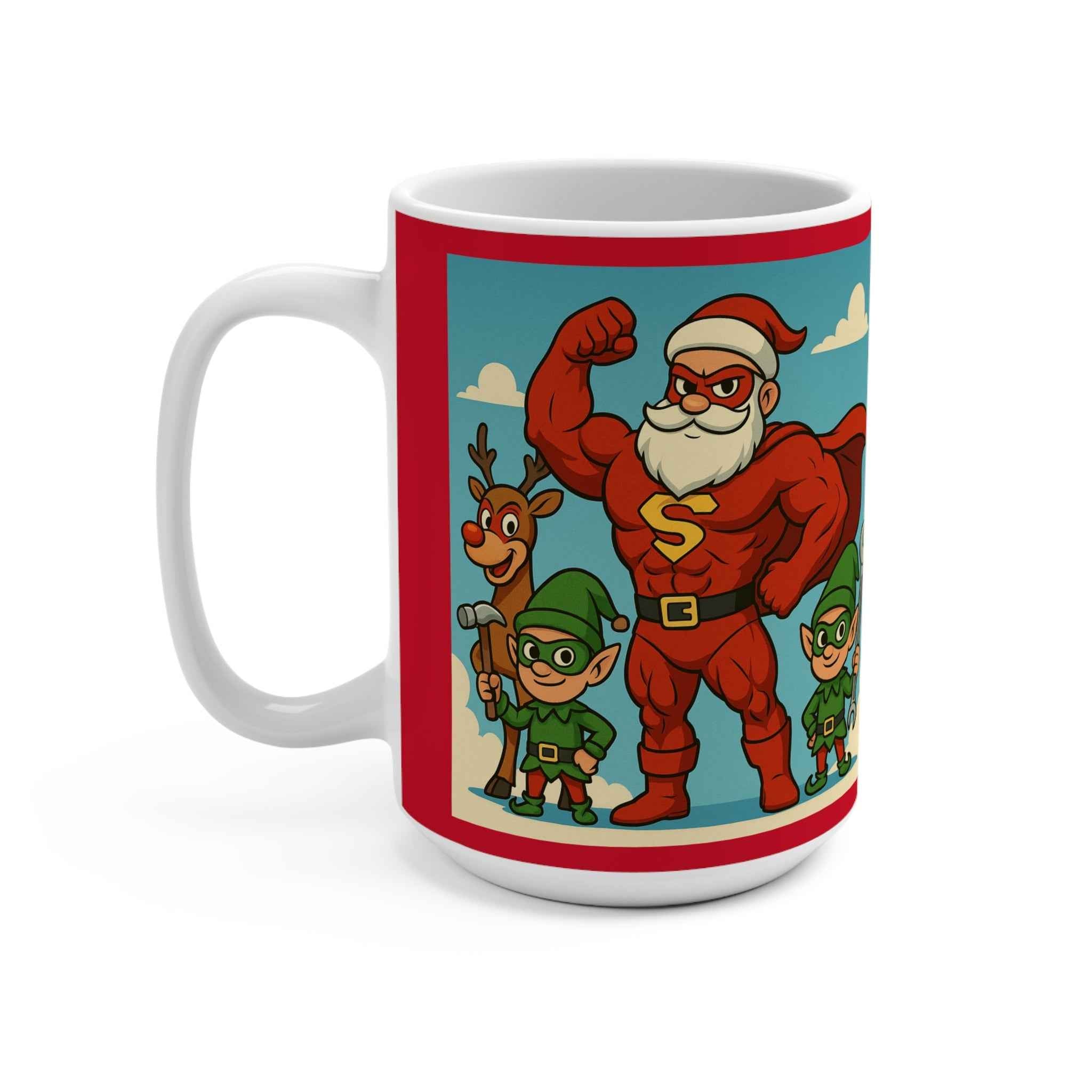 Christmas Santa Mug - Festive Superhero Santa & Elves 15oz Ceramic Coffee Cup for Holiday Cheer