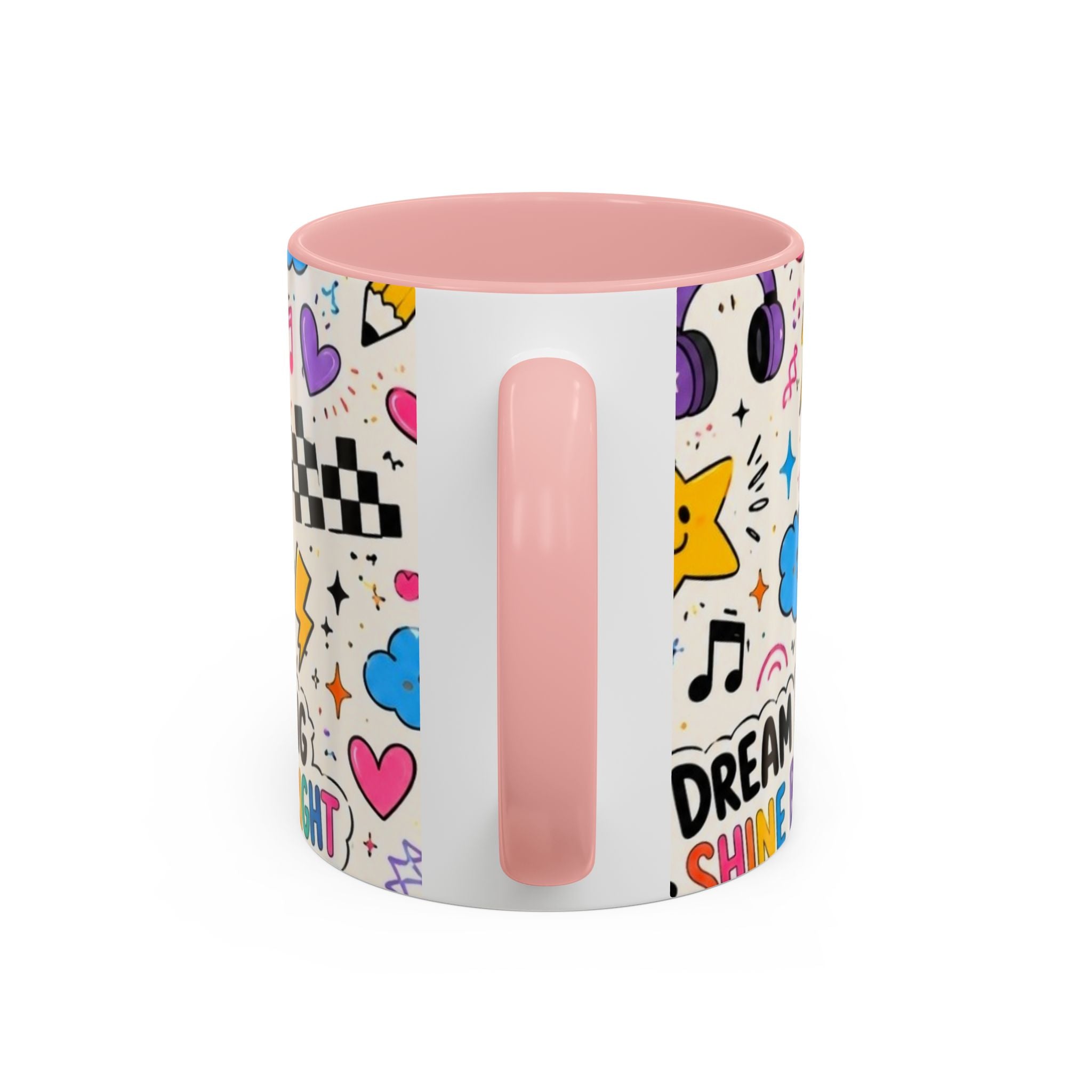 Dream Big Shine Bright Accent Mug — Inspirational Rainbow Doodle Coffee Cup