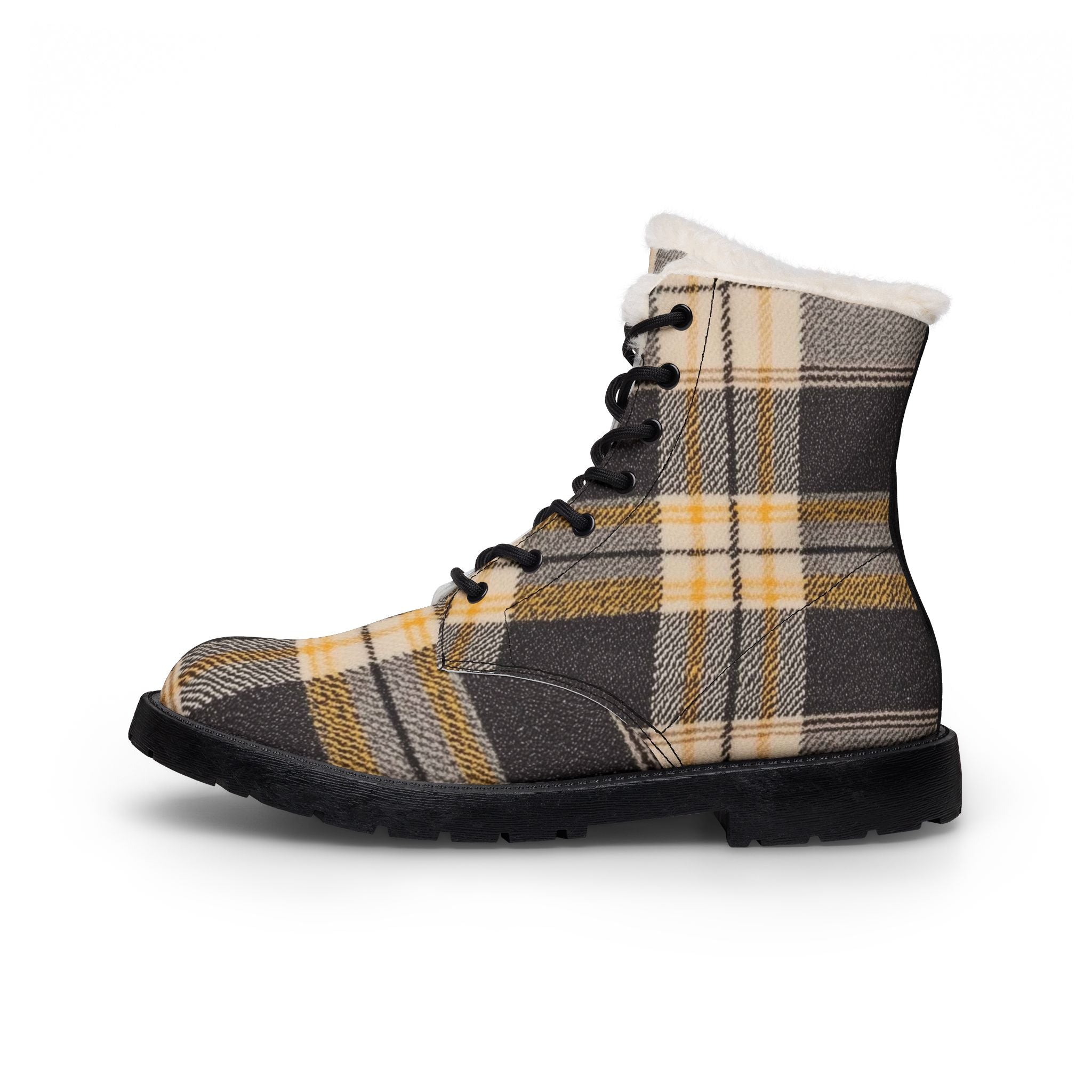 Plaid Fur-Lined Leather Boots for Cozy Winter Combat Style