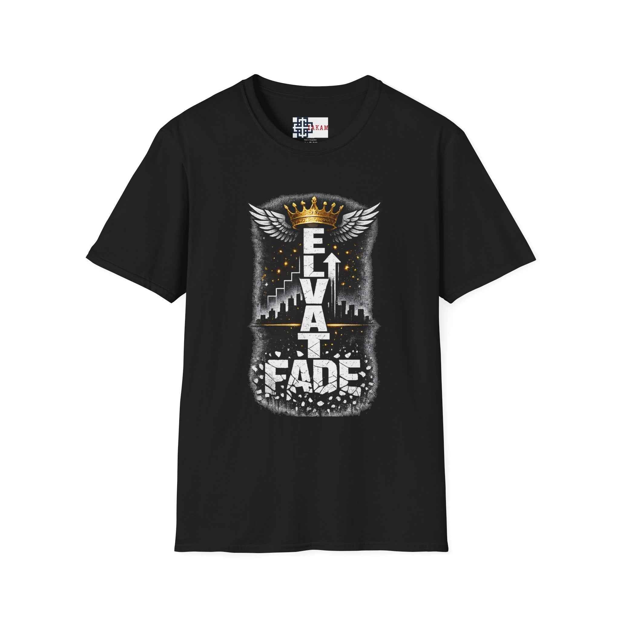 Elevate or Fade T-Shirt — Motivational Streetwear Tee with Crown & Wings