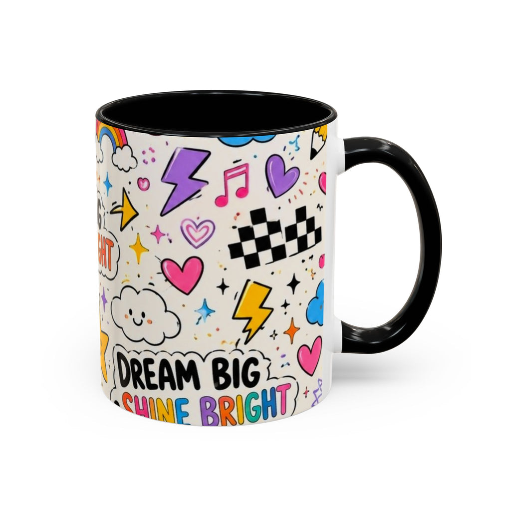 Dream Big Shine Bright Accent Mug — Inspirational Rainbow Doodle Coffee Cup