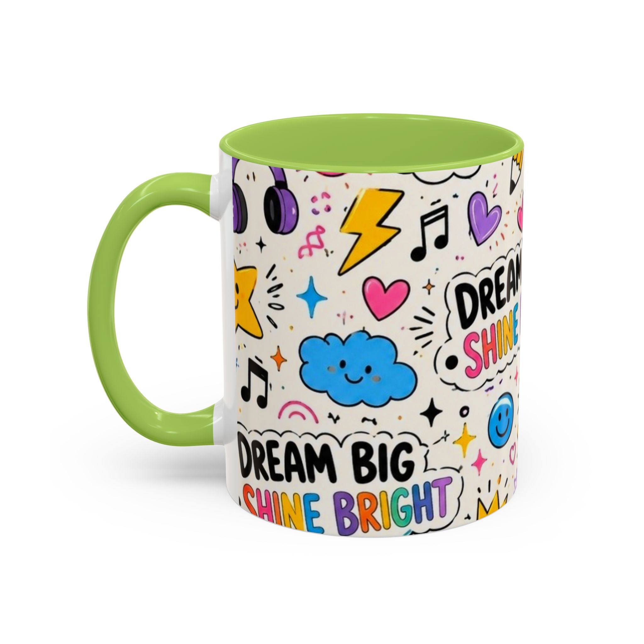 Dream Big Shine Bright Accent Mug — Inspirational Rainbow Doodle Coffee Cup