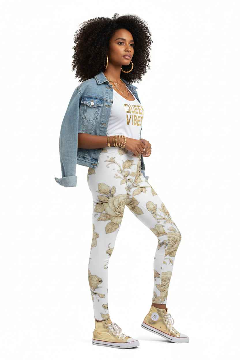 Floral Vintage Rose Leggings — Women's Casual All-Over Print
