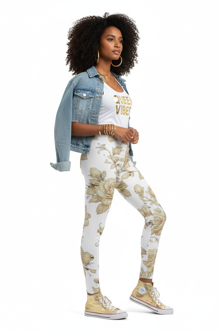 Floral Vintage Rose Leggings — Women's Casual All-Over Print