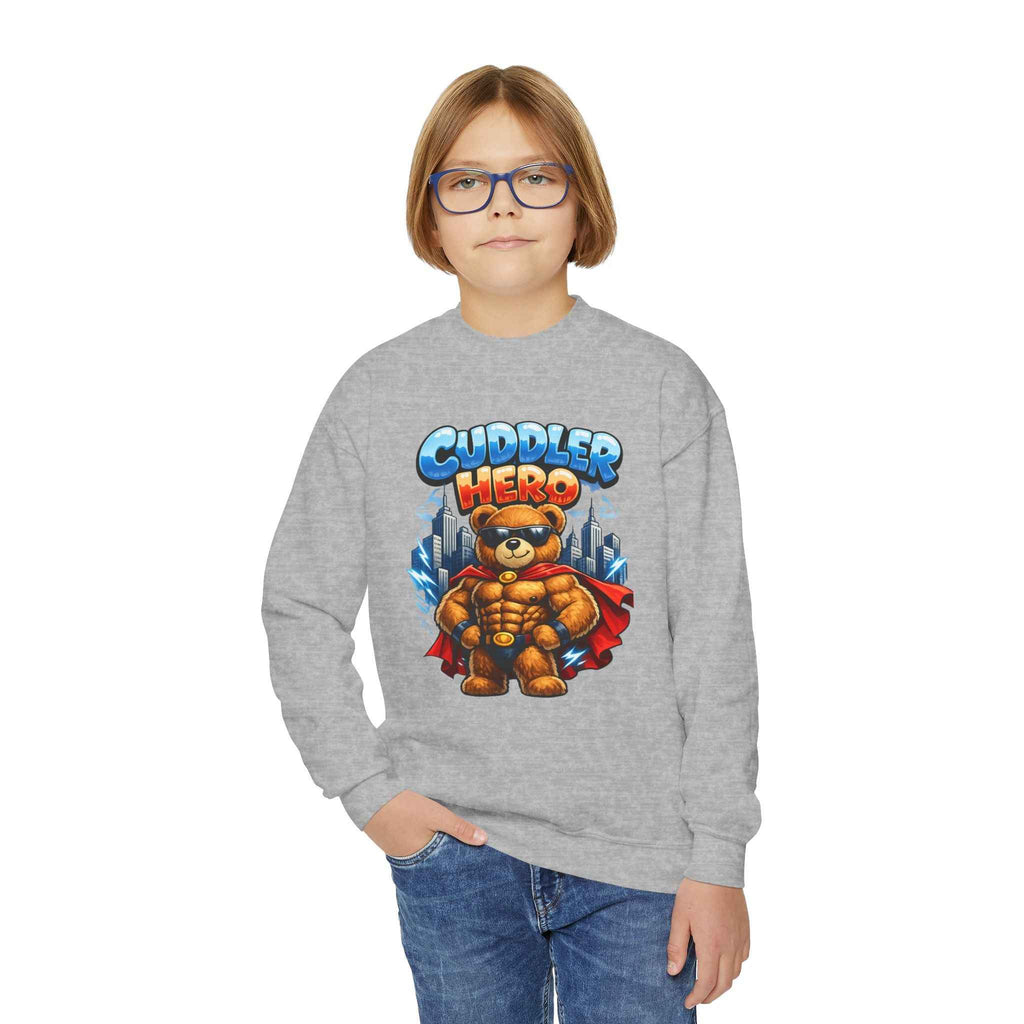 Cuddler Hero Kids Sweatshirt — Cute Superhero Teddy Crewneck