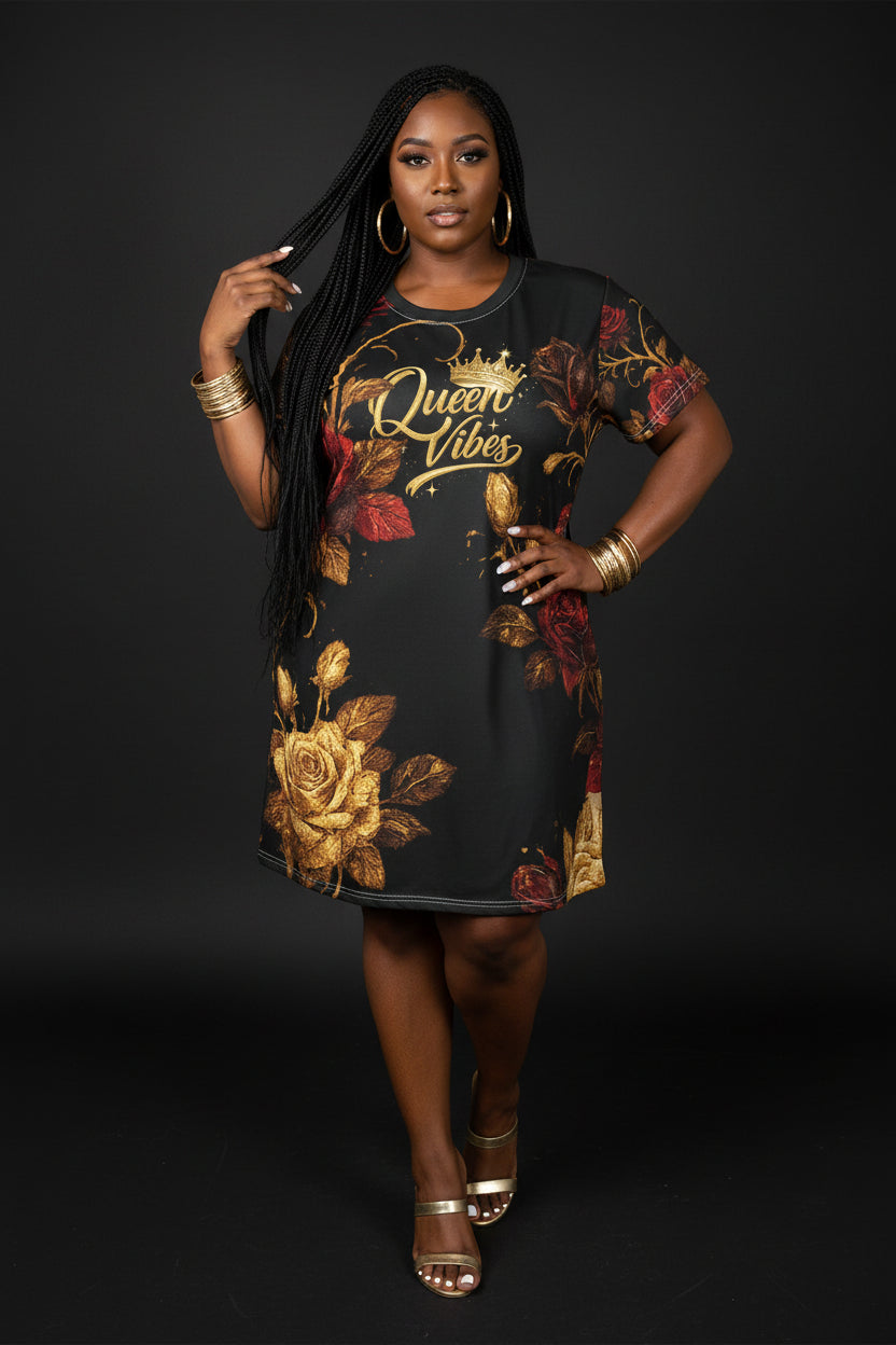 Queen Vibes Floral Dress - Elegant T-Shirt Dress with Gold and Burgundy Roses