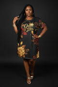 Queen Vibes Floral Dress - Elegant T-Shirt Dress with Gold and Burgundy Roses