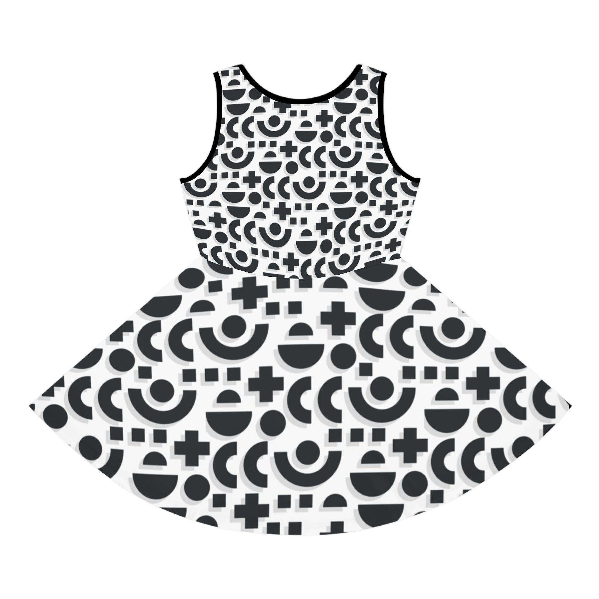 Girls Black and White Sundress with Geometric Circle and Cross Pattern