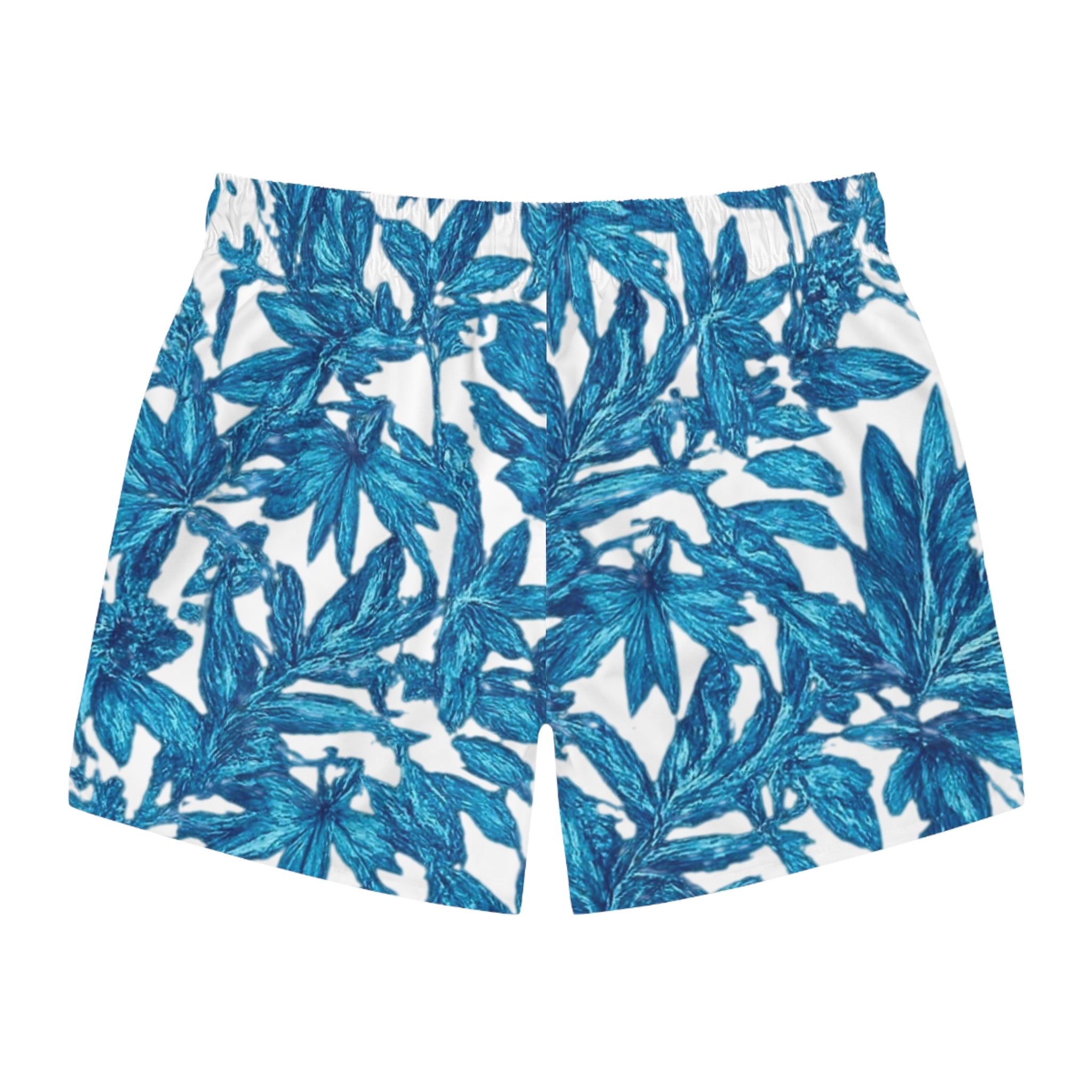 Blue Tropical Leaf Swim Trunks — All-Over Print Men’s Beach Shorts