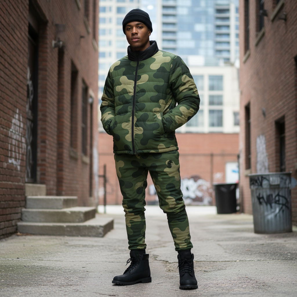 Men's Puffer Camo Green Jacket - IAKAM