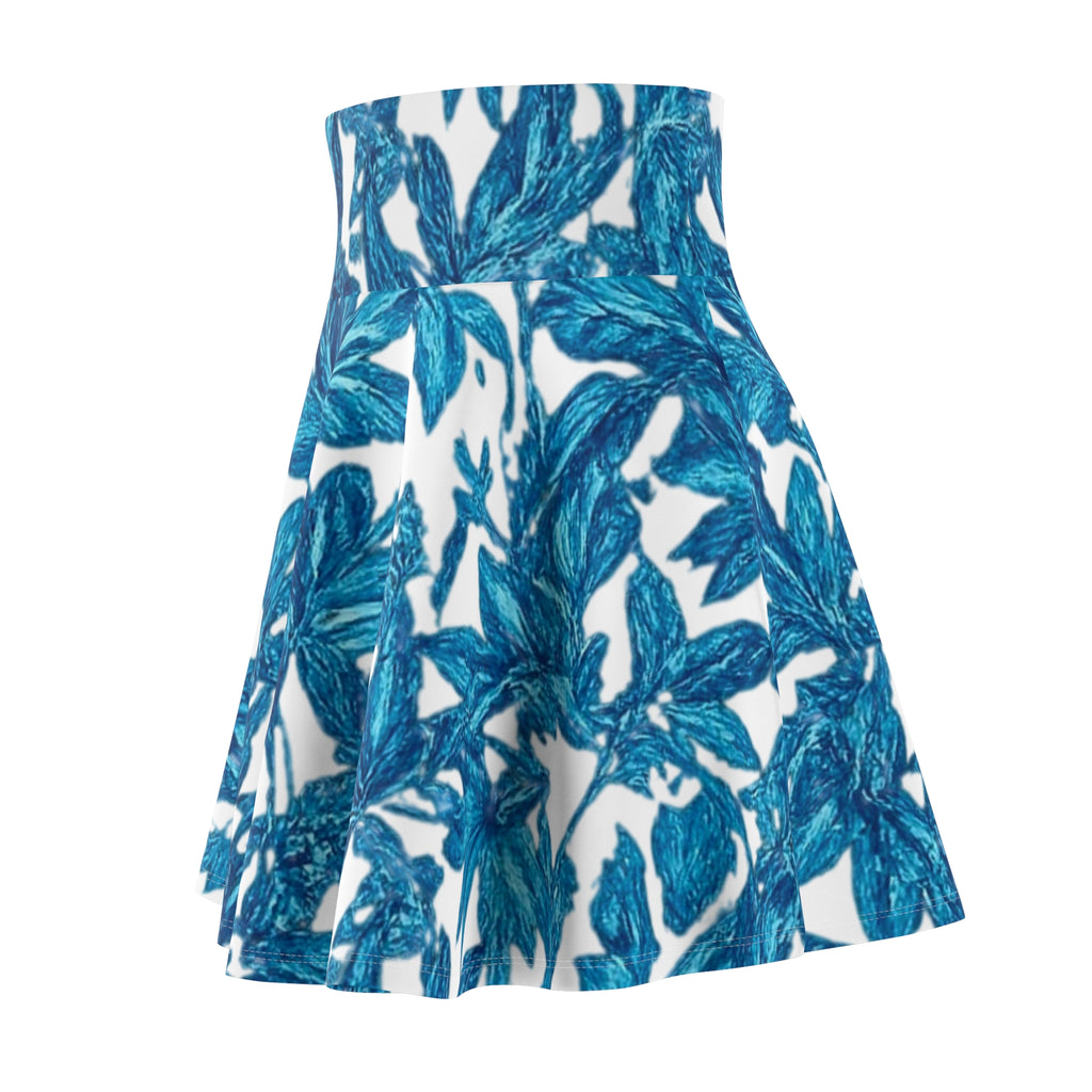 Blue Floral Skater Skirt with Watercolor Palm Print for Casual Summer Wear