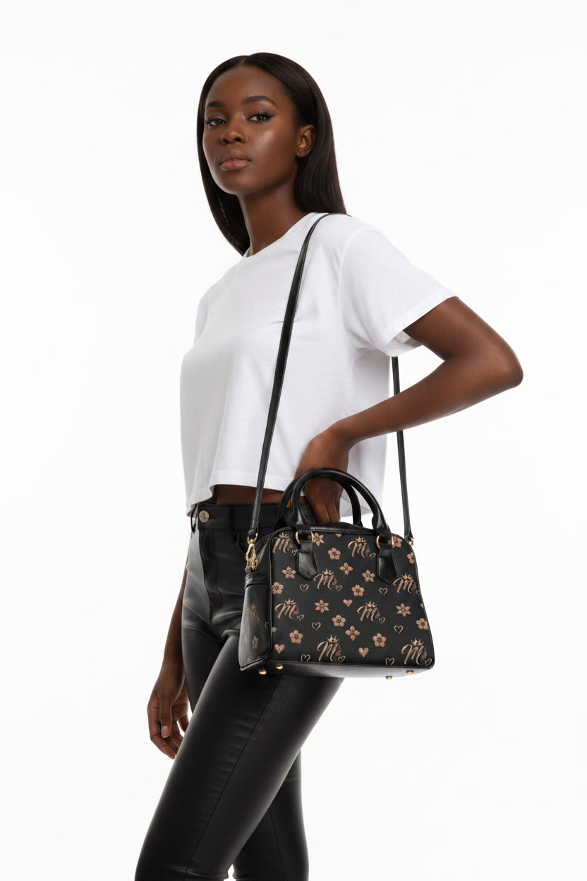 Msfbrownie Shoulder Handbag – Chic Black & Rose Gold Pattern