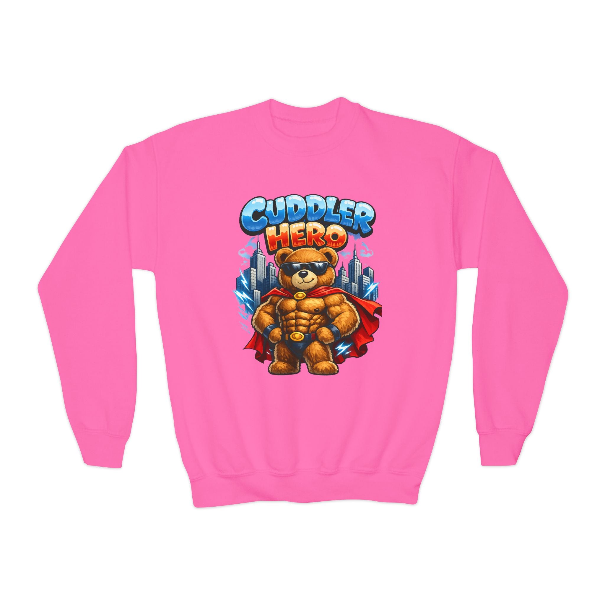Cuddler Hero Kids Sweatshirt — Cute Superhero Teddy Crewneck