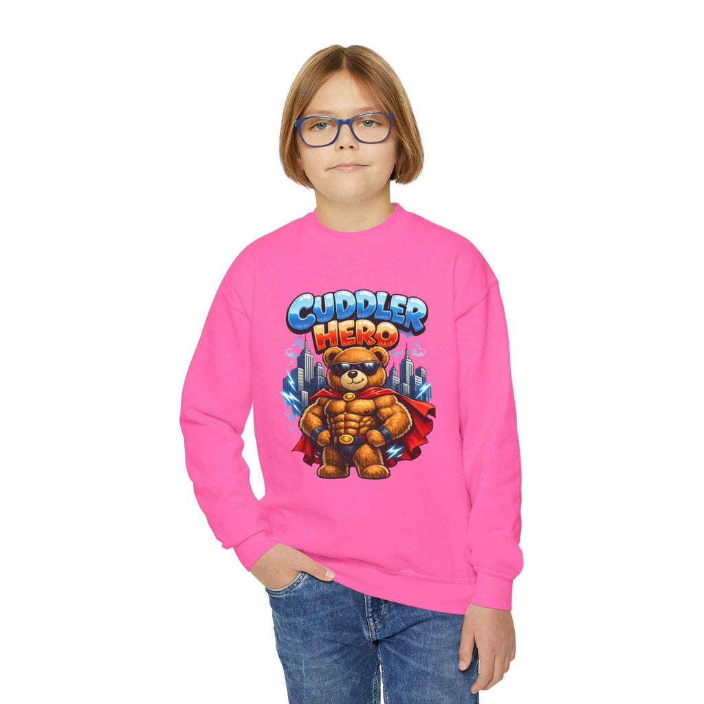 Cuddler Hero Kids Sweatshirt — Cute Superhero Teddy Crewneck