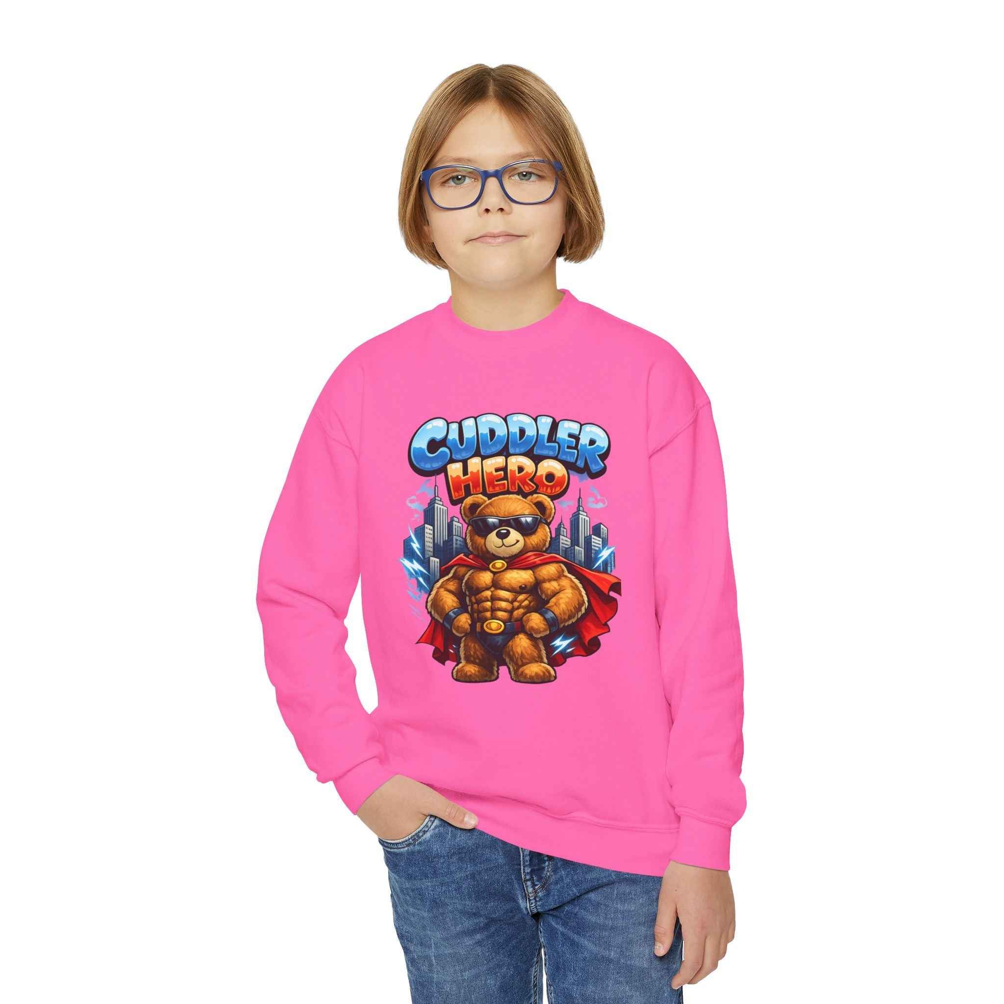 Cuddler Hero Kids Sweatshirt — Cute Superhero Teddy Crewneck