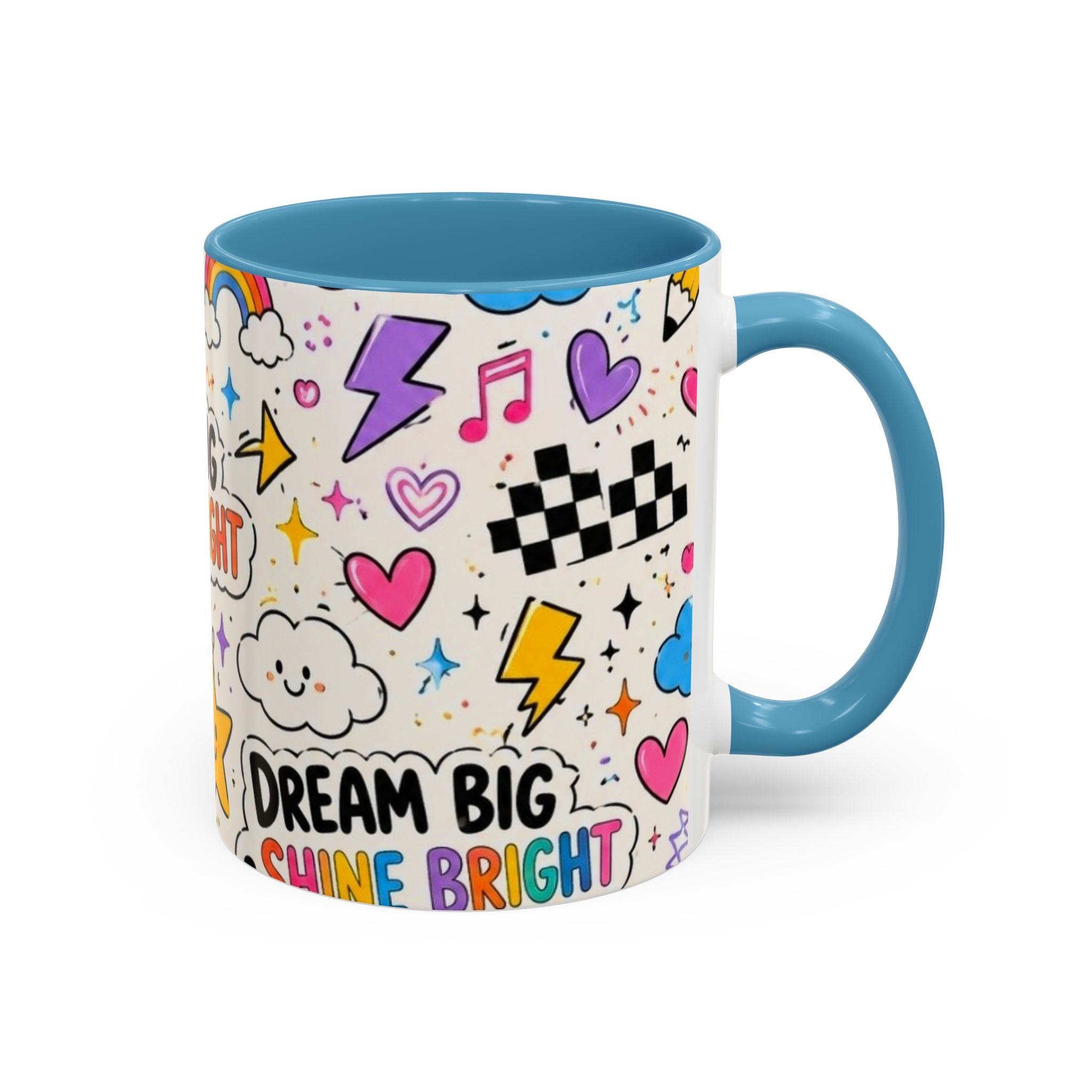 Dream Big Shine Bright Accent Mug — Inspirational Rainbow Doodle Coffee Cup