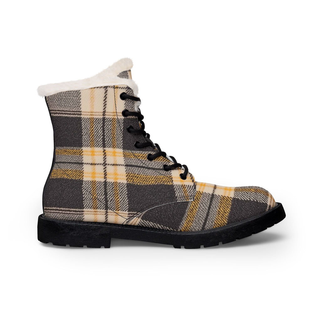 Plaid Fur-Lined Leather Boots for Cozy Winter Combat Style