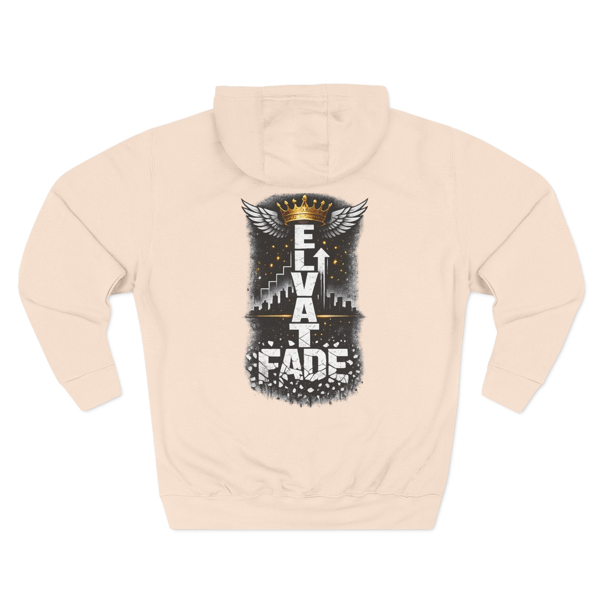 Elevate or Fade Hoodie - Urban Graphic Fleece Pullover with Crown and Wings Design for Stylish Comfort