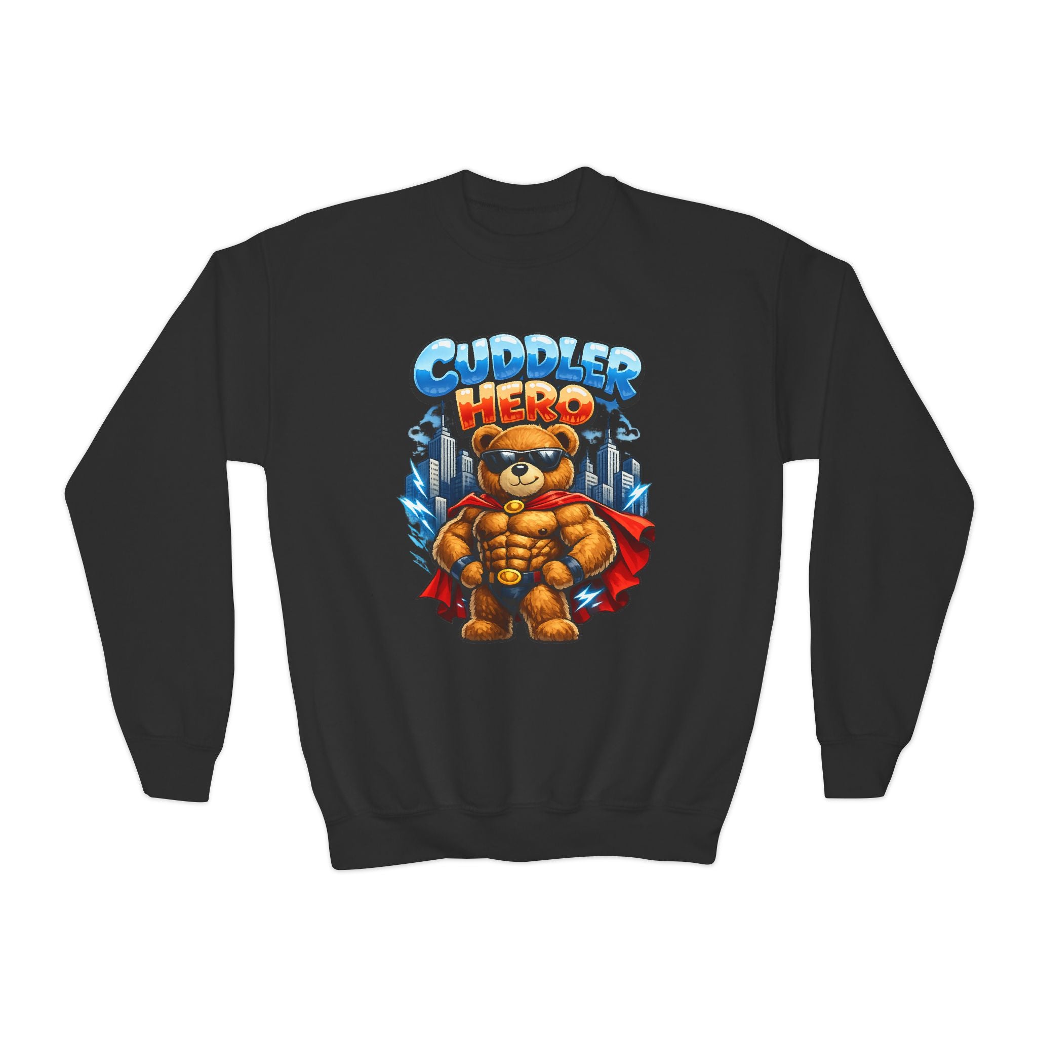 Cuddler Hero Kids Sweatshirt — Cute Superhero Teddy Crewneck