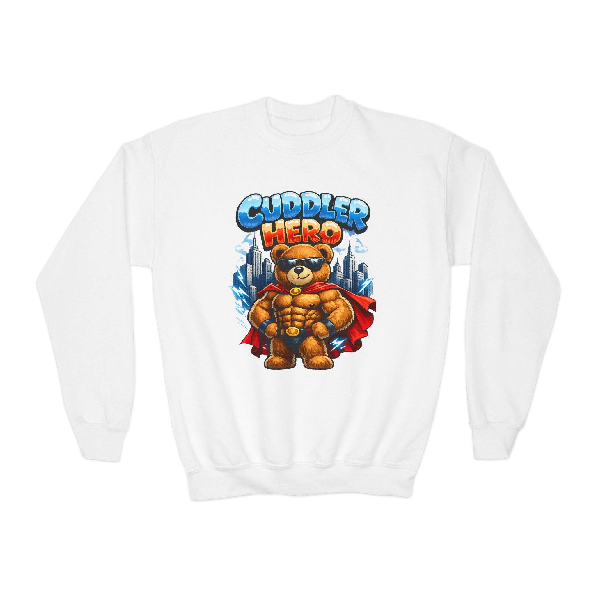Cuddler Hero Kids Sweatshirt — Cute Superhero Teddy Crewneck