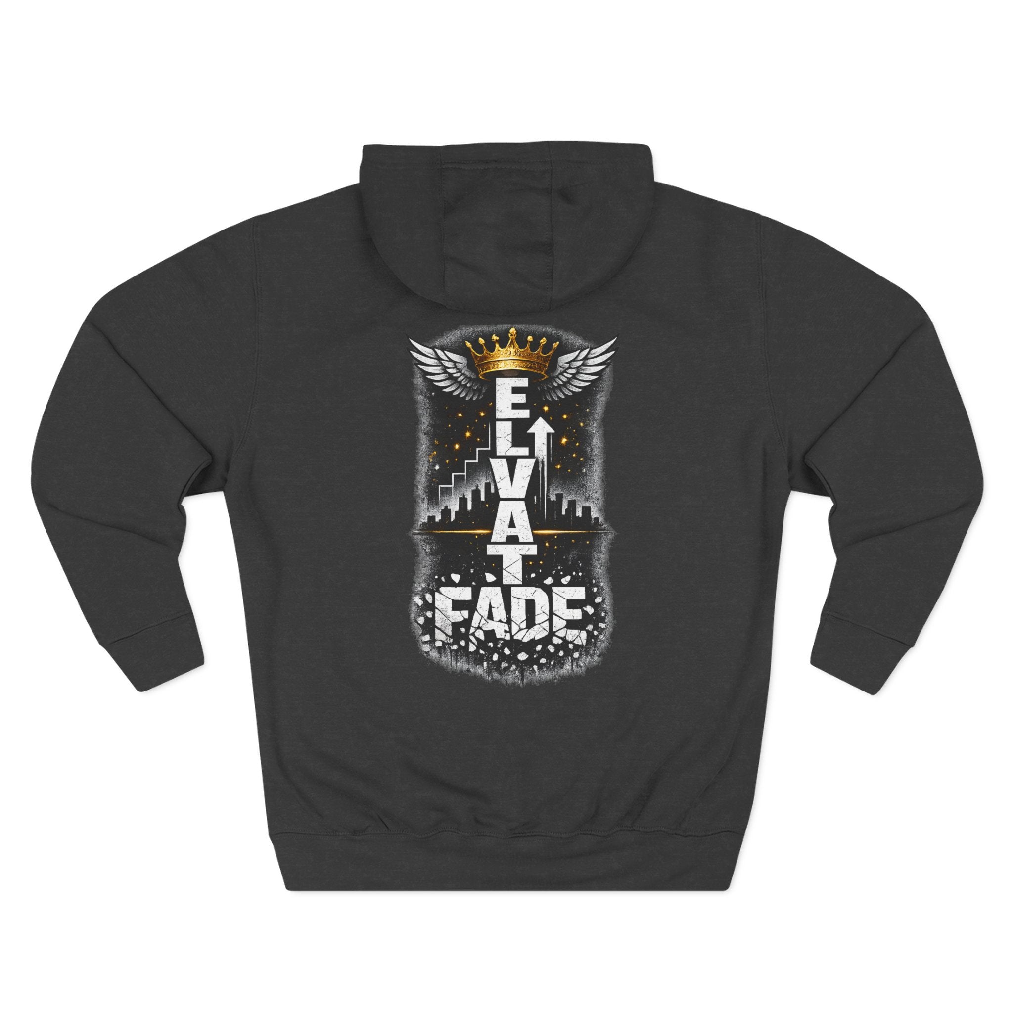 Elevate or Fade Hoodie - Urban Graphic Fleece Pullover with Crown and Wings Design for Stylish Comfort