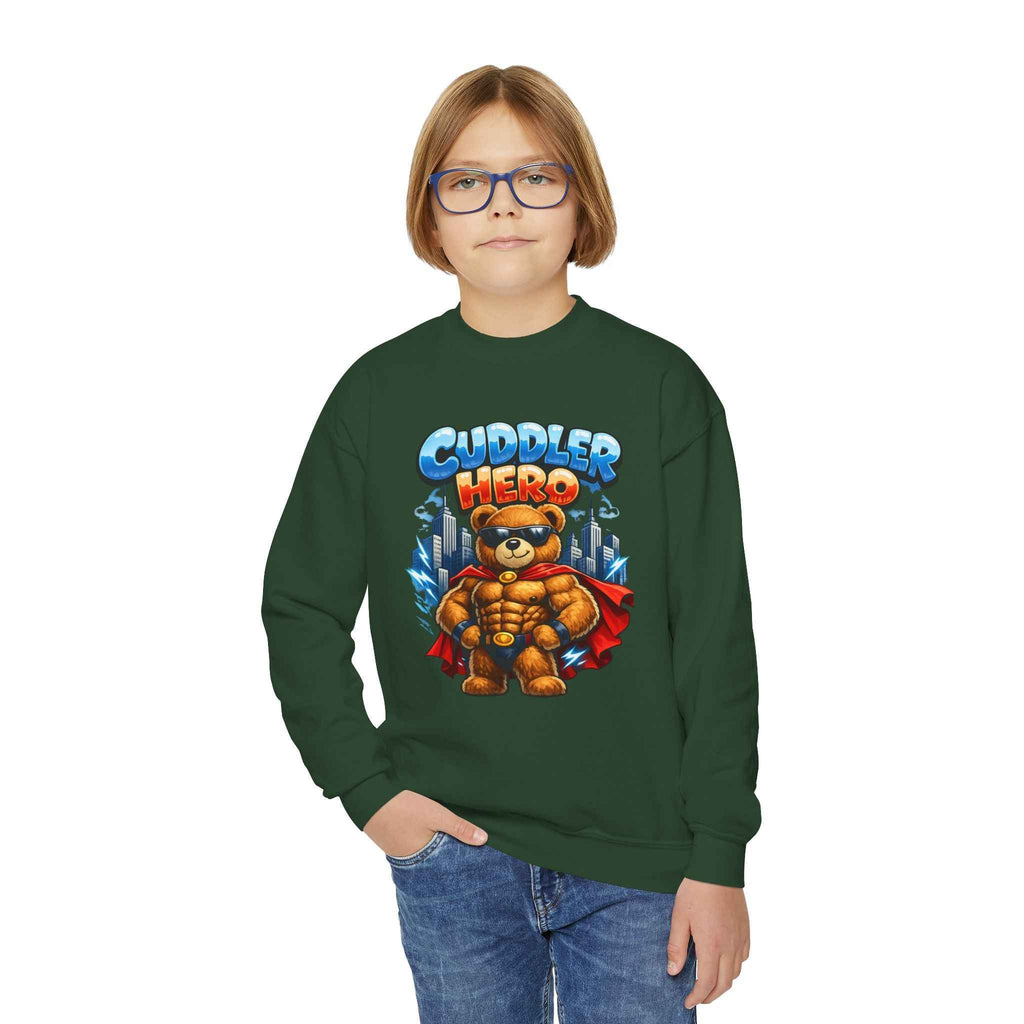 Cuddler Hero Kids Sweatshirt — Cute Superhero Teddy Crewneck