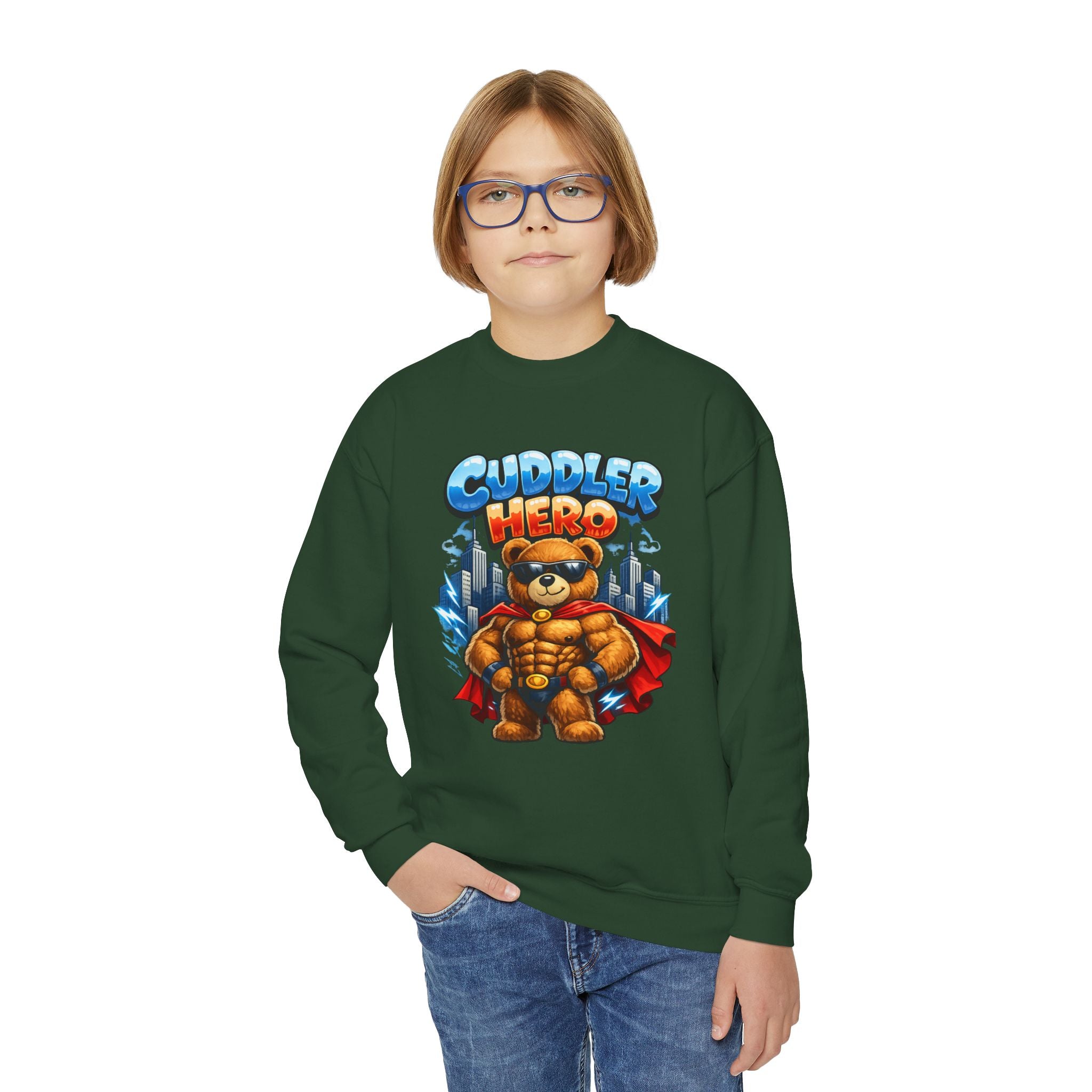 Cuddler Hero Kids Sweatshirt — Cute Superhero Teddy Crewneck