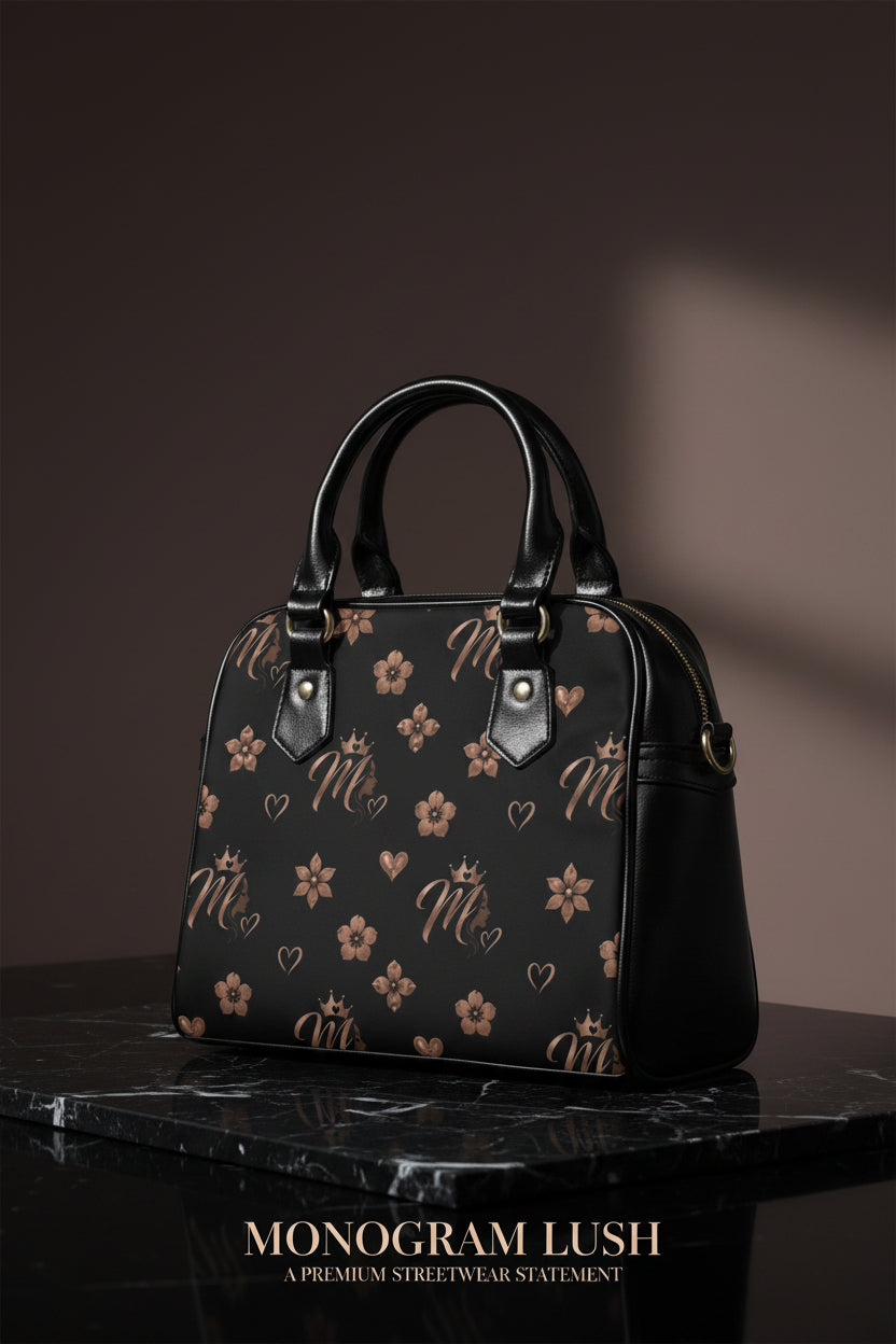 Msfbrownie Shoulder Handbag – Chic Black & Rose Gold Pattern